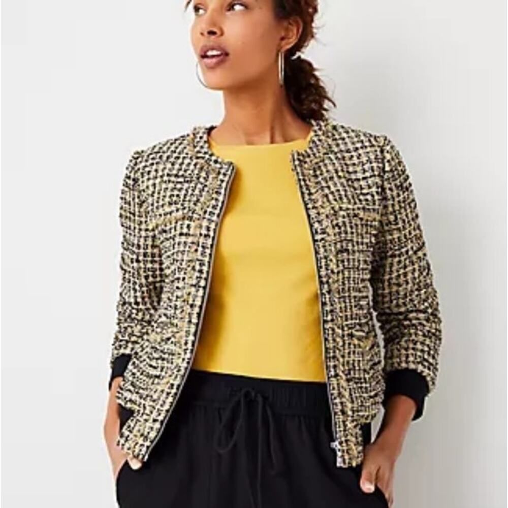 Ann Taylor Tweed Jacket Bomber Zip Blazer Size 8 Fringe Career Yellow Metallic